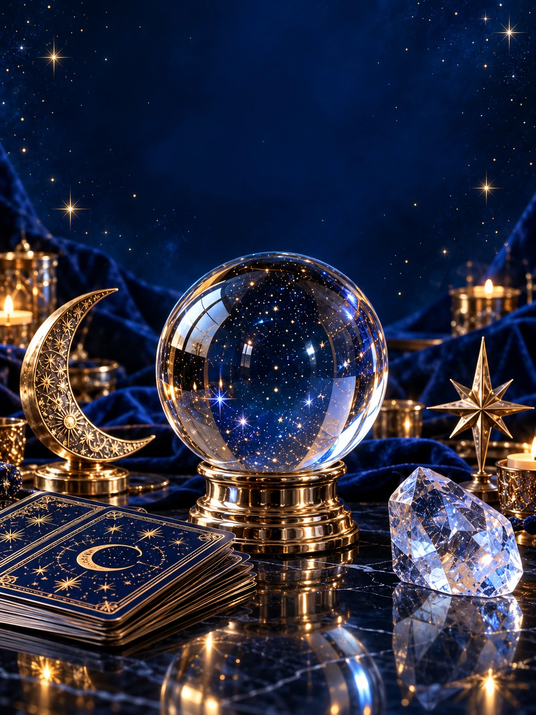 A clear crystal ball on a gold stand with navy tarot cards, a gold crescent moon and quartz